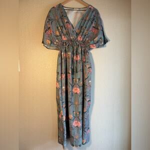 World Market Flutter Sleeve Floral Maxi Dress in Teal and Pink w/Butterflies